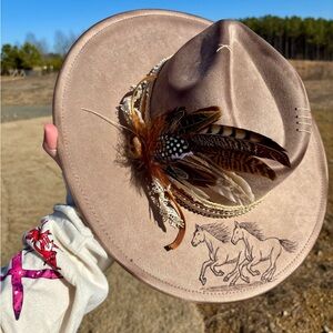 Tan Hat with Feather and Horse Embroidery